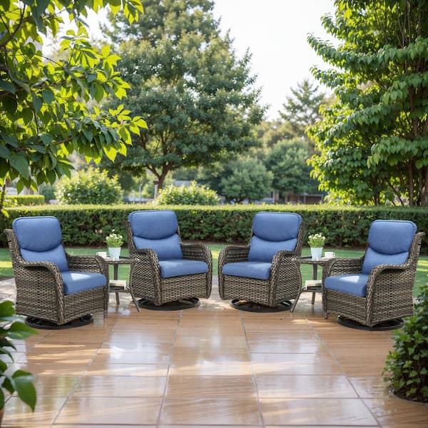 Gymojoy Carolina Outdoor 6-Piece Wicker Patio Conversation Set with 2-Side Tables, with Blue Cushions