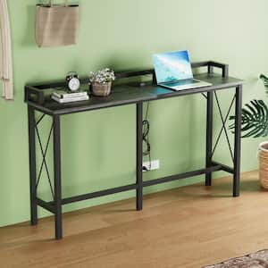 Narrow Charging Station 55.1 in. Gray Rectangle Wood Console Table with Outlet and USB Ports, Entryway Table Side Table