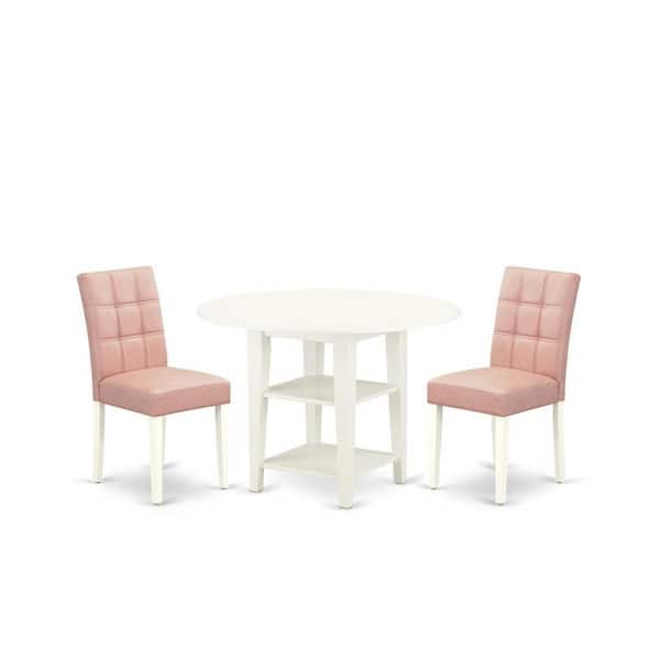East West Furniture 3-Piece Linen White Finish Round Solid Wood Top Dining Table Set