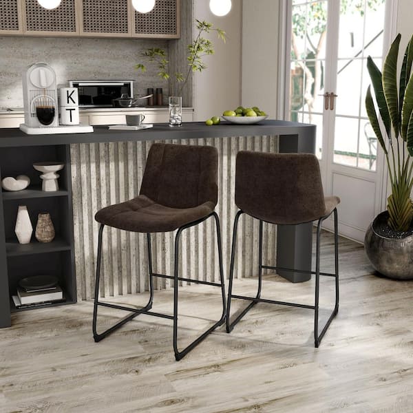 Furniture of America Winterfield 22.5 in. Brown Low Back Metal Counter Height Stool with Chenille Fabric Seat Set of 2