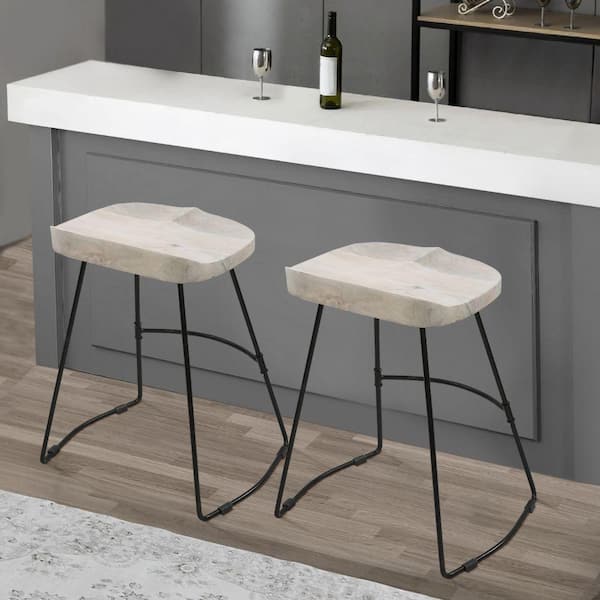 Tiva 38 in. Whitewashed and Black Backless Metal Frame Handcrafted Counter Height Stool with Wooden Seat