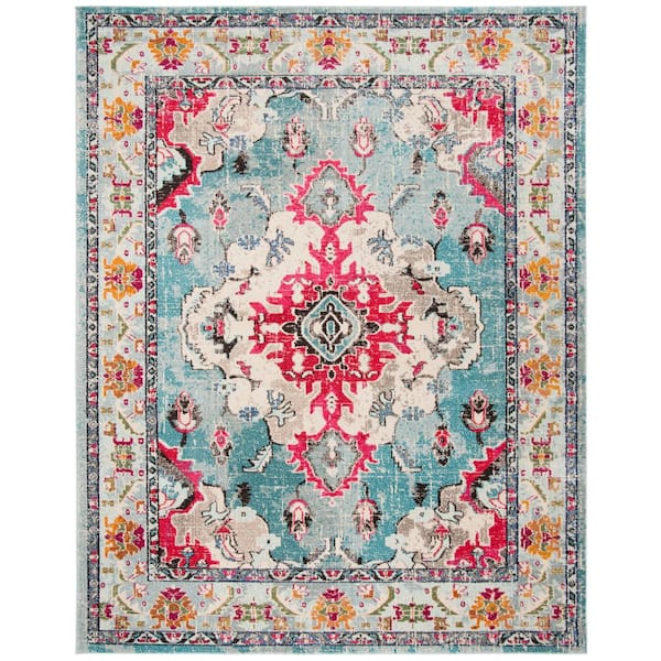 SAFAVIEH Monaco Light Blue/Fuchsia 12 ft. x 18 ft. Distressed Border Medallion Area Rug