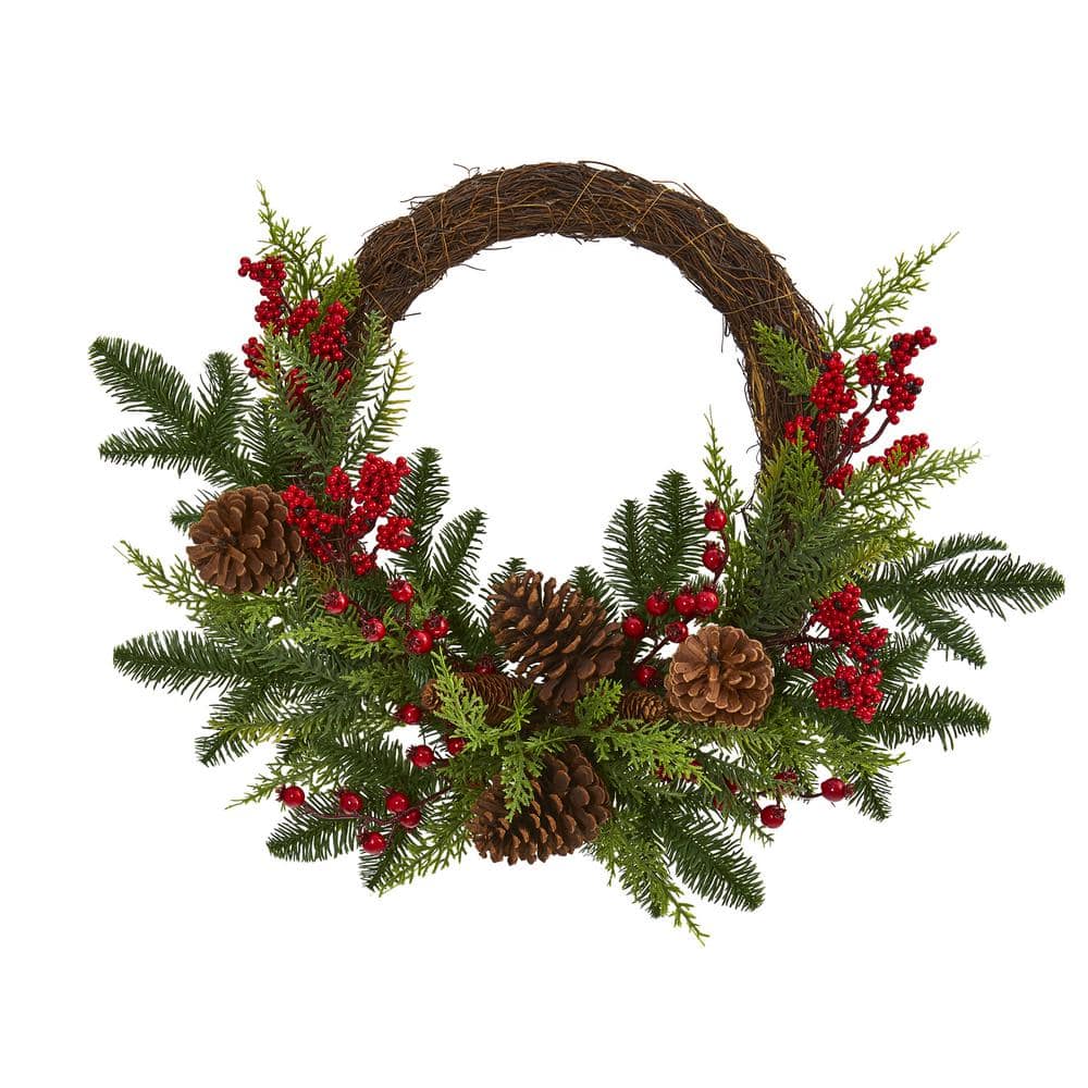 Nearly Natural 20 in. Cedar Antlers Lily and Ruscus with Berries Artificial  Wreath W1031 - The Home Depot