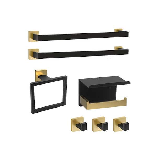 7-Piece Bathroom Hardware Set with 2 Towel Bars, Hand Towel Rack, Toilet Paper Holder, 3 Hooks in Black Gold