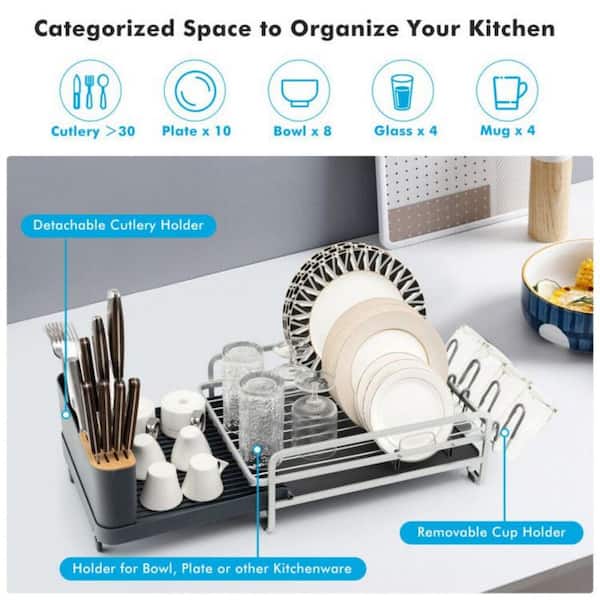Large Dish Drying Rack for Kitchen Counter Extendable Dish Rack with  Drainboard Set Stainless Steel Dish Strainer with Cup Holder and Utensil  Holder