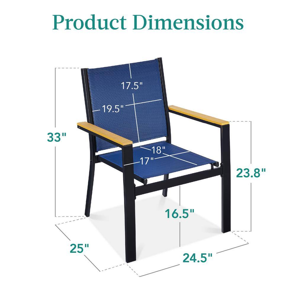 Set of 2 Blue Metal Armchairs with Wooden Armrests