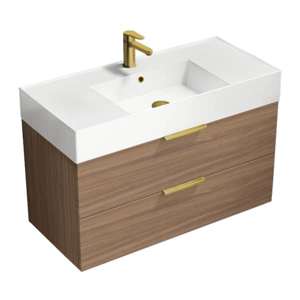 Derin 39.53 in. W x 18.11 in. D x 25.2 in. H Modern Bathroom Vanity in Walnut With White Ceramic Top