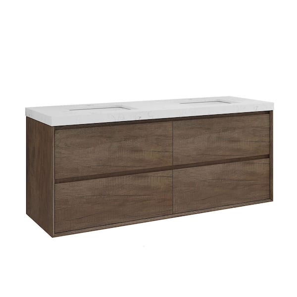 Aeroline 60in. W x 19. 29in. D x 25. 59in. H Dual Sink Float Antique Oak Bath Vanity with Sar White Engineered Stone Top
