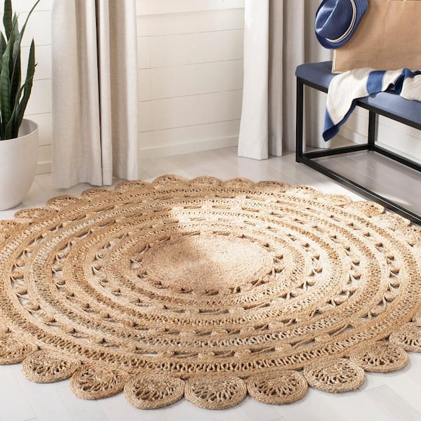 Natural Fiber Beige 10 ft. x 10 ft. Border Floral Round Area Rug