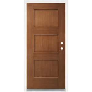 36 in. x 80 in. Left-Hand Medium Oak 3-Panel Shaker Fiberglass Prehung Front Door