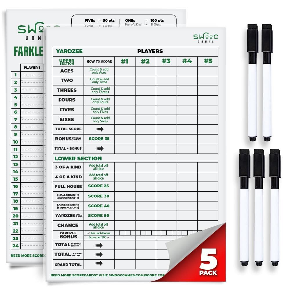 5 Big Dry Erase Yardzee & Farkle Score Cards with 5 Markers (11.5 in. x 8in), Large Laminated Reusable Score Pads & Pens price history on PriceWatchPro