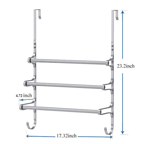 3-Bar Over The Door Towel Rack in Silver for Bathroom Door. Triple Towel Storage Holder with Hooks