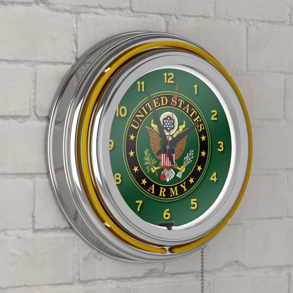 Army Symbol Chrome Double Ring Neon Wall Clock Hang Home Decor Retro 14 in U.S
