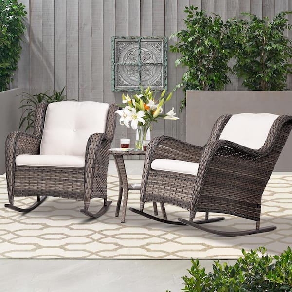 Btmway Indoor and Outdoor PE Wicker Outdoor Rocking Chair with Beige Cushion, Rocker Recliner Chair for Porch, Patio Garden