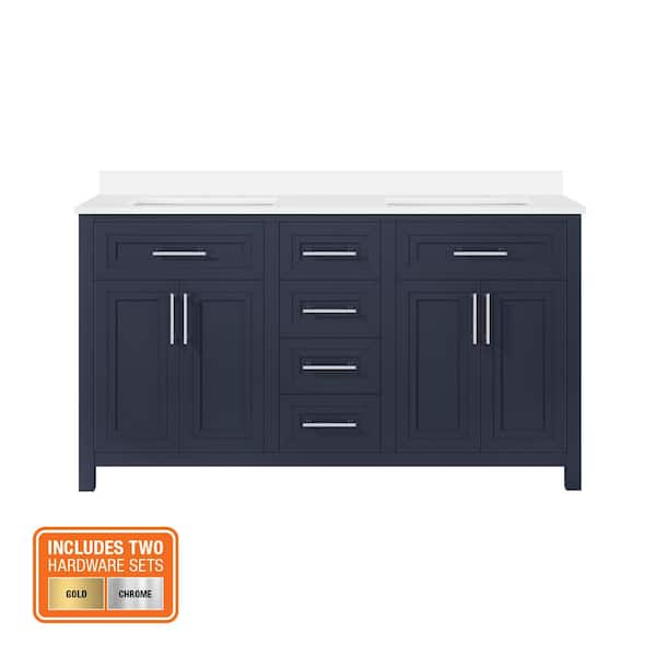 Beaufort 60 in. Double Sink Midnight Blue Bath Vanity with White Engineered Stone Top (Assembled)