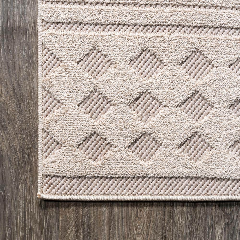 Ivory Geometric High-Low Pile Indoor/Outdoor Area Rug