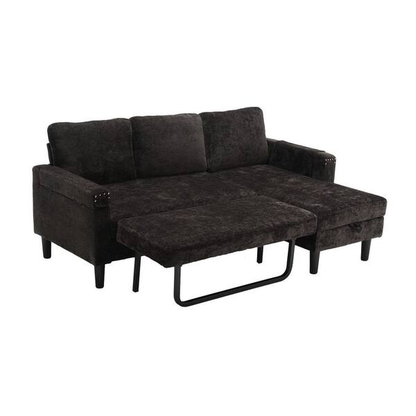 HOMEFUN 73 in. Modern Black Chenille Pull Out Sleeper Sectional Sofa Bed with Side Hidden Table and Storage Chaise