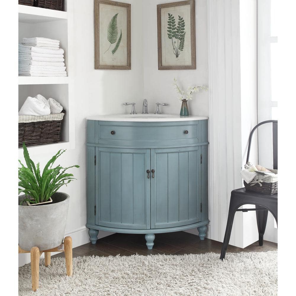 24" Light Blue Wood Corner Bathroom Vanity with White Marble Top