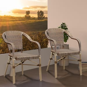Brown Wicker Bistro Chair French Hand-Woven Arm Chairs for Outdoor Patio Indoor Dining Chairs (2-Pack)