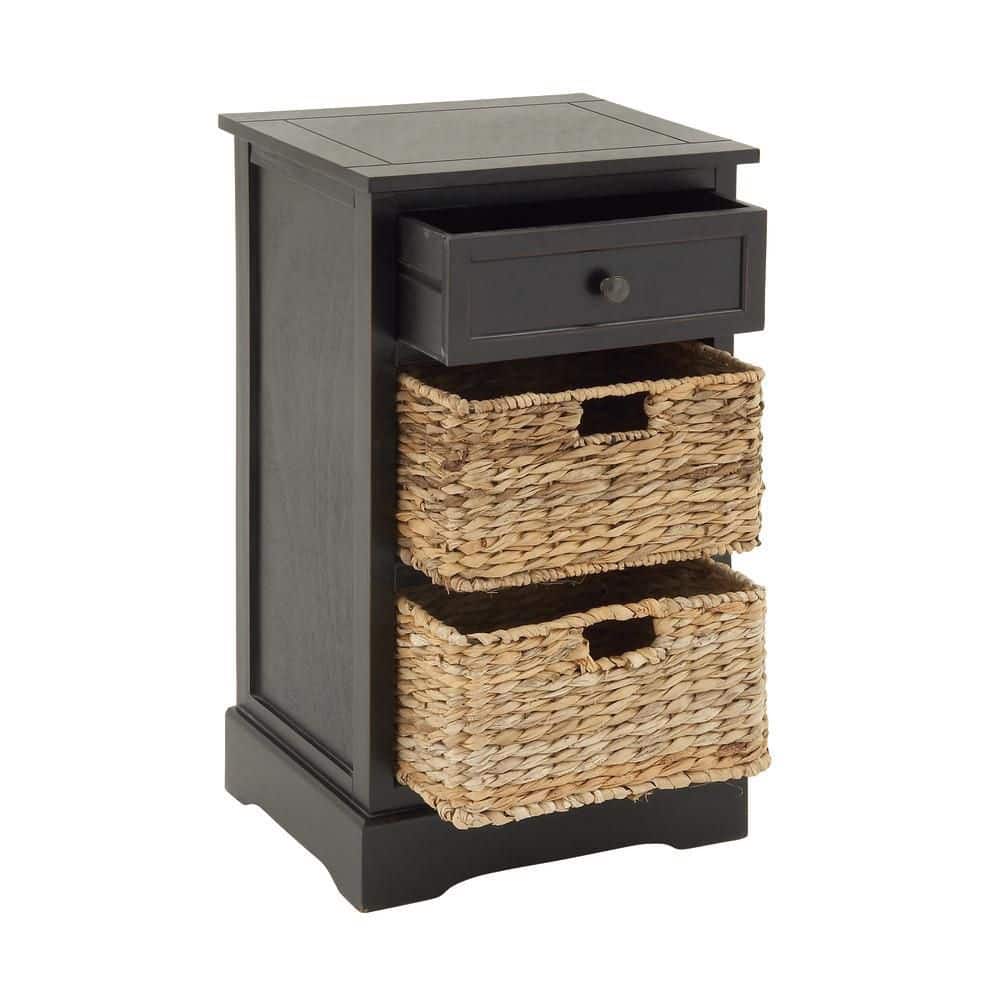 Black Pinewood Accent Table with Wicker Basket Drawers