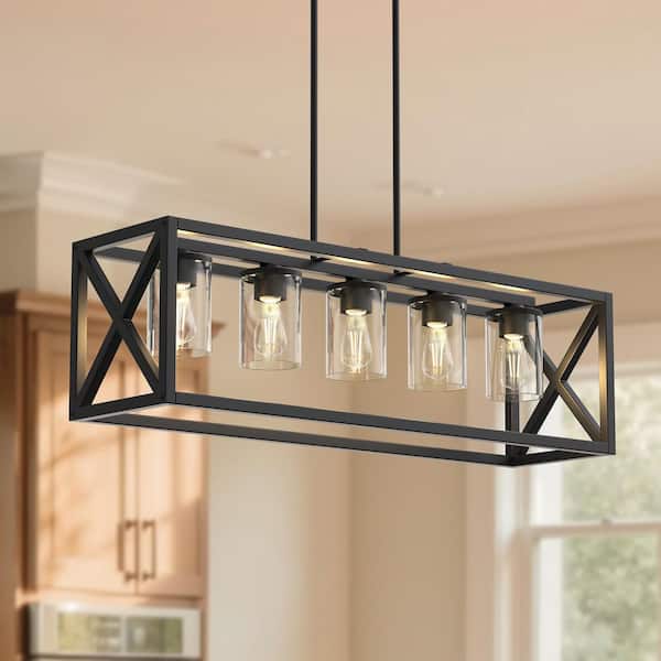 5-Light Matte Black Rectangle Chandelier, Metal Dining Room Pendant Light with Open Cage Frame for Kitchen Island