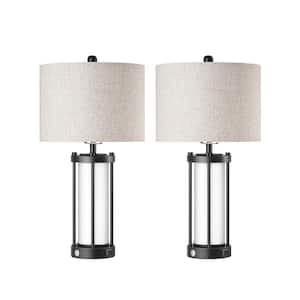 22.4 in. Black Farmhouse Table Lamp Set with Dimmable Touch Control Night Light, USB Ports and Beige Shade (Set of 2)