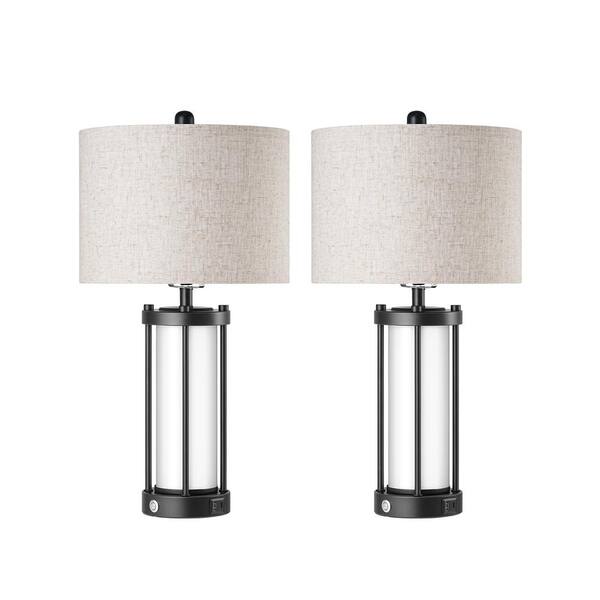 EDISHINE 22.4 in. Black Farmhouse Table Lamp Set with Dimmable Touch Control Night Light, USB Ports and Beige Shade (Set of 2)