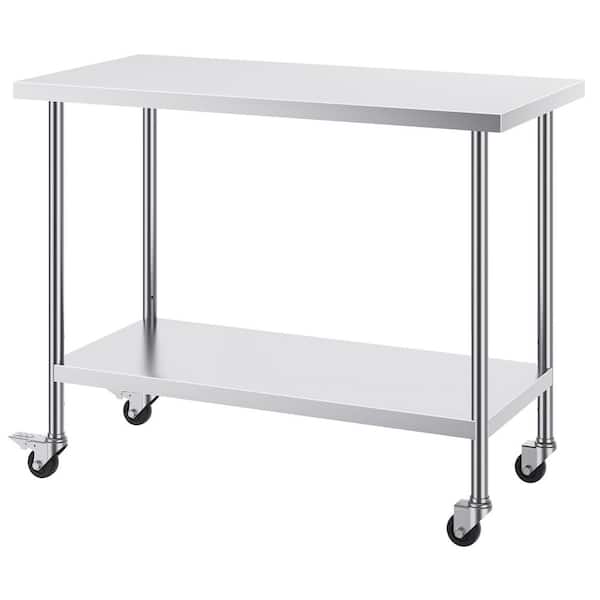 SVOPES 24 x 48 x 38 in. Stainless Steel Work Table with 4 Wheels, 3 Adjustable Height Levels, Heavy Duty Kitchen Prep Table