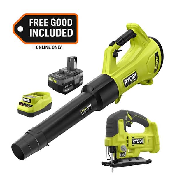 ONE+ HP 18V Brushless 450 CFM Cordless Leaf Blower with 4.0 Ah Battery, Charger, and FREE ONE+ 18V Cordless Jig Saw