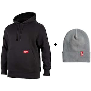 Men's X-Large Black Midweight Cotton/Polyester Long-Sleeve Pullover Hoodie with Men's Gray Acrylic Cuffed Beanie Hat