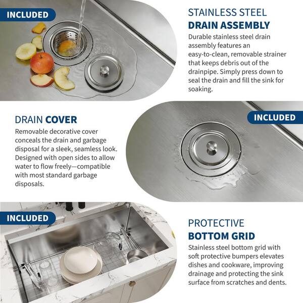 33 in. Undermount Single Bowl 18 Gauge Stainless Steel Kitchen