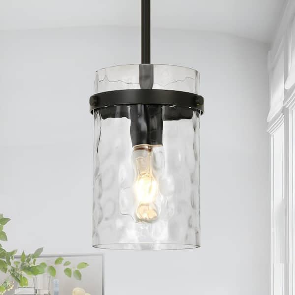 Jasslynn 60 Watt 1 Light Black Modern Pendant Light with Water Rippled Cylinder Glass Shade for Kitchen Dining Room