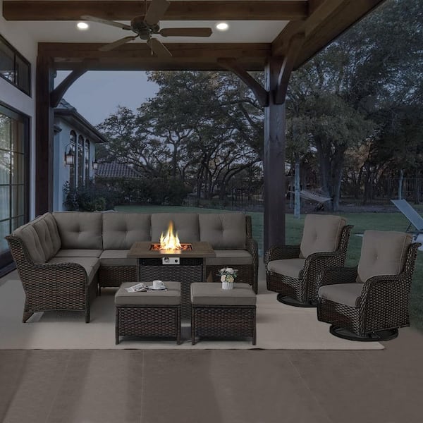 Brown 6-Piece Wicker Patio Fire Pit Set, Outdoor Sectional Seating Set with Olefin Gray Cushions and Swivel Rockers