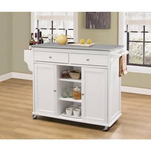47 in. Wide White Modern Mobile Kitchen Island Cart with Storage Cabinets Locking Wheels and Stainless Steel Top