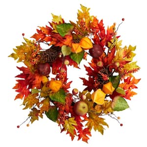 24 in. Orange Autumn Maple Leaf and Berries Fall Artificial Wreath