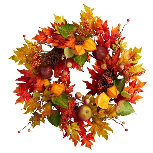 Nearly Natural 24 in. Orange Autumn Maple Leaf and Berries Fall ...