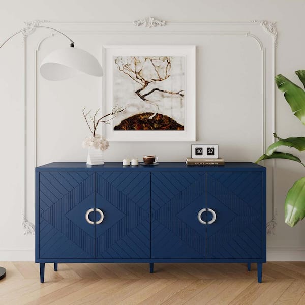 Navy Blue 32.48 in. 4-Door Storage Cabinet with Pine Legs and MDF