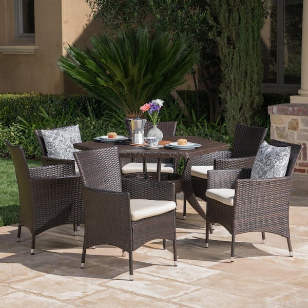 Noble House Chapman 30 in. Multi-Brown 7-Piece Metal Hexagonal Outdoor Dining Set with Beige Cushions
