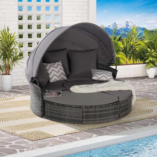 Unbranded 5-Pieces Wicker Patio Outdoor Sectional Round Daybed with Dark Gray Cushion and Retractable Canopy And Storable Table