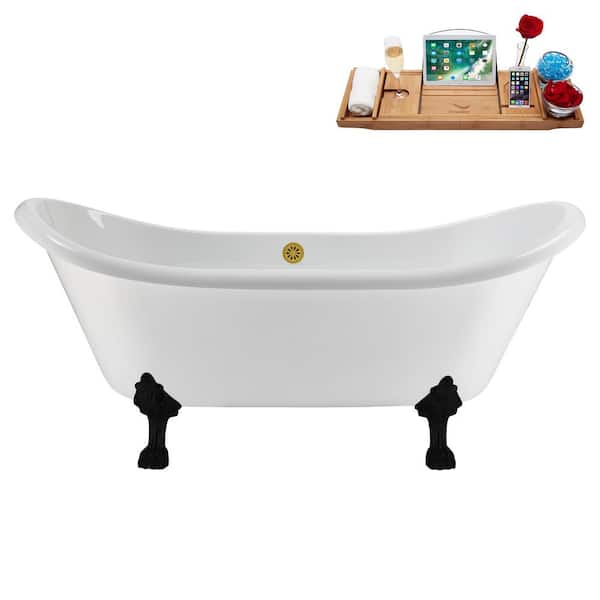Streamline 71 in. x 31 in. Acrylic Clawfoot Soaking Bathtub in Glossy White with Brushed Gold Drain and Matte Black Clawfeet