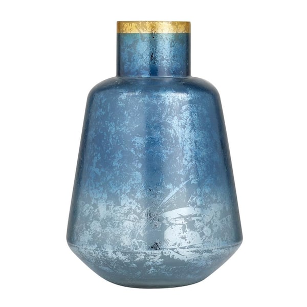 Litton Lane 14 in. Blue Handmade Glass Decorative Vase with Gold Rim