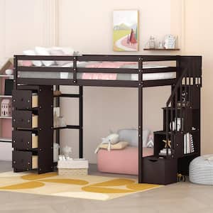 Espresso Twin Size Wooden Loft Bed with Shelves, 4-Drawers and Storage Stairs