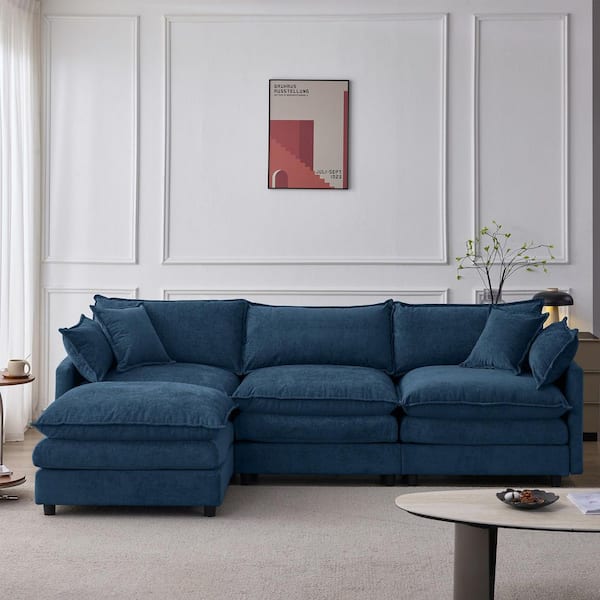 Weyric Modern 105 in. Chenille Upholstered L-Shape 3-Seats Modular Sectional Sofa in Blue with Ottoman, Pillows