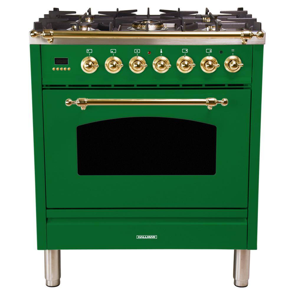 Hallman 30 in. 3.0 cu. ft. Single Oven Dual Fuel Italian Range with True Convection, 5 Burners, Brass Trim in Emerald Green