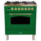 30 in. 3.0 cu. ft. Single Oven Dual Fuel Italian Range True Convection, 5 Burners, LP Gas, Brass Trim in Emerald Green