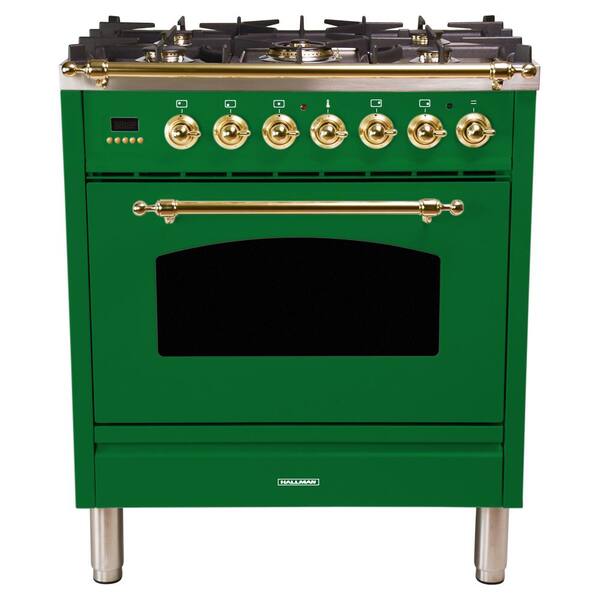 Hallman 30 in. 3.0 cu. ft. Single Oven Dual Fuel Italian Range True Convection, 5 Burners, LP Gas, Brass Trim in Emerald Green