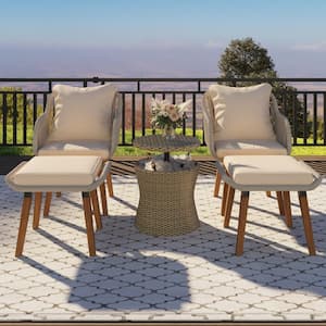 5-Piece Metal PP Rope Patio Conversation Set with Brown Cushions, Wicker Cool Bar Table, and Ottomans