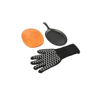 Pre-Seasoned Cast Iron Skillet 3-Piece Set with Wood Serving Tray and High Heat Gloves