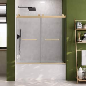 57-59 in. W x 59 in. H Double Sliding Frameless Bathtub Door in Brushed Gold with 3/8 in. (10 mm) Glass