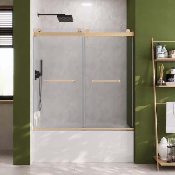 DEERVALLEY 57-59 in. W x 59 in. H Double Sliding Frameless Bathtub Door in Brushed Gold with 3/8 in. (10 mm) Frosted Glass